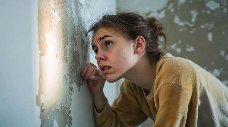 Une jeune femme proche d'un mur en placo qui sent une odeur nauséabonde