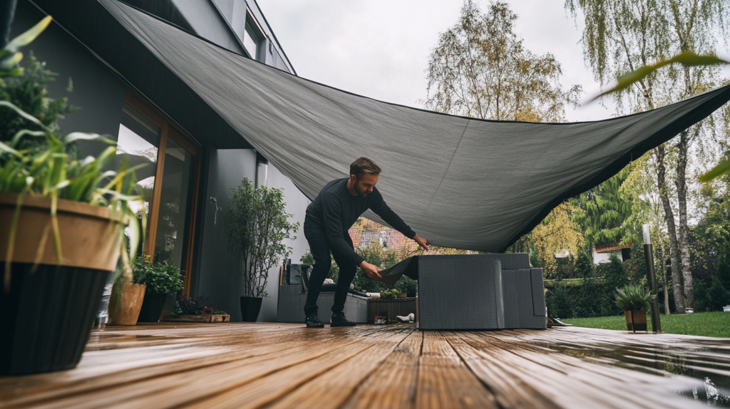 un homme qui installe une bâche sur sa terrasse pour la protéger