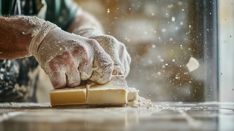 un artisan qui gratte un joint de carrelage sec