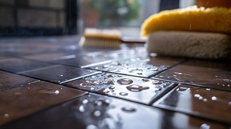 Un carrelage mouillé à cause d'une infiltration d'eau par les joints