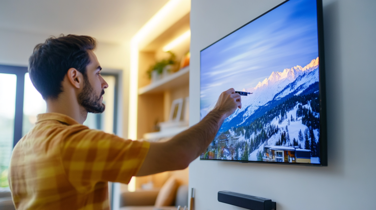 Un homme satisfait qui vient d'installer sa télévision sur un mur en placo.