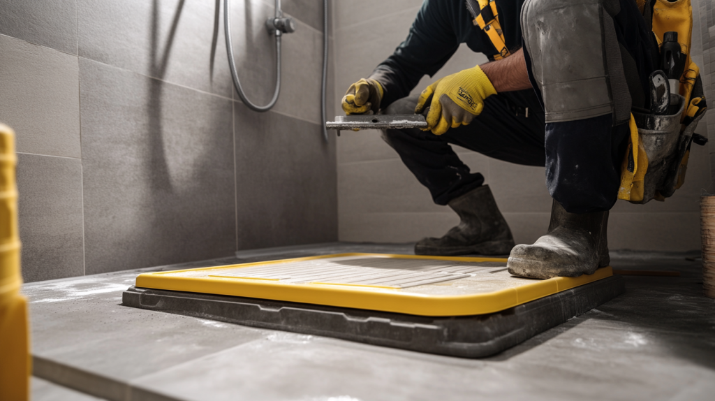 un artisan pose un receveur de douche sur une dalle en béton