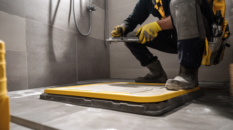 un artisan pose un receveur de douche sur une dalle en béton