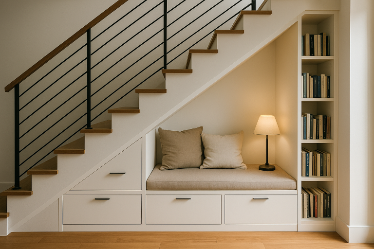 Aménagement astucieux sous un escalier avec rangements intégrés, coin lecture et étagère, dans un intérieur moderne et lumineux.
