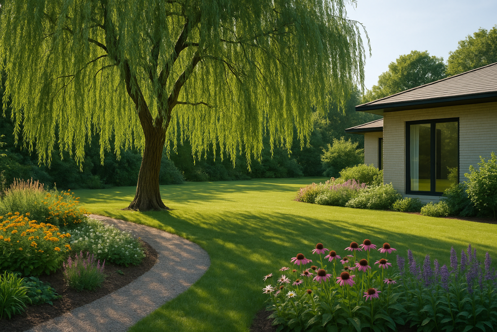 Un saule pleureur majestueux planté à bonne distance d’une maison moderne, entouré de pelouse et massifs fleuris dans un jardin ensoleillé.