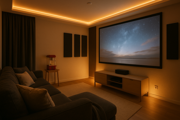 Salle de home cinéma aménagée dans une ancienne chambre d’amis, avec canapé confortable, grand écran mural, lumières tamisées et déco moderne.