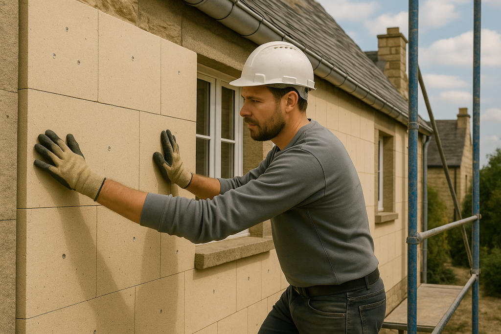 Un homme qui pose de l'isolation sur une maison avec une méthode par l'extérieur