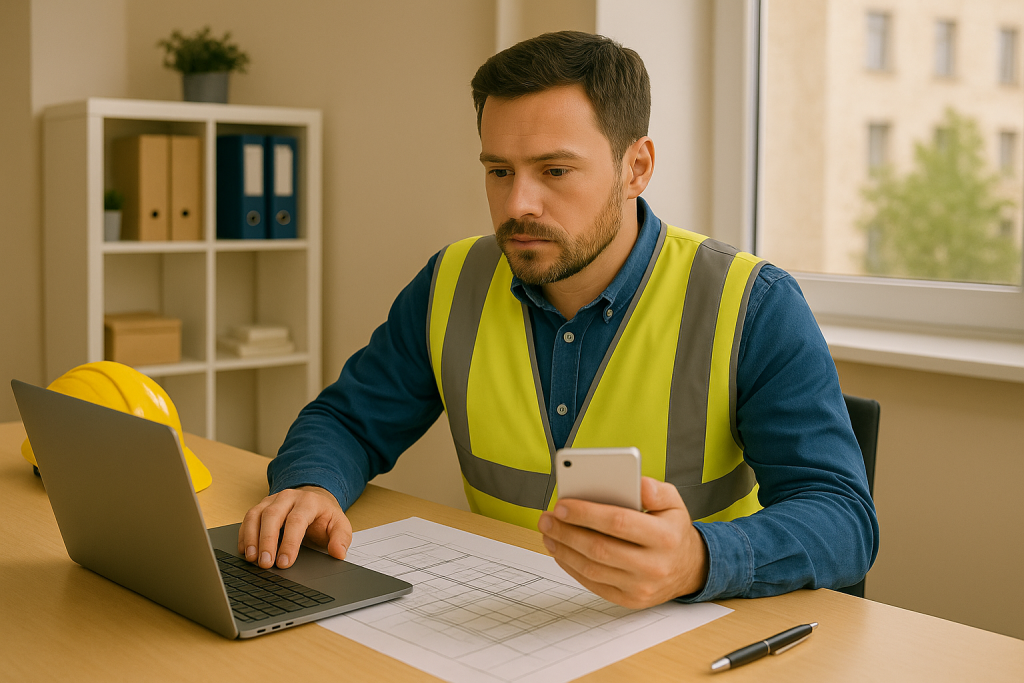 Un entrepreneur du bâtiment consulte une liste de leads travaux sur son ordinateur portable dans un bureau moderne, casque de chantier en arrière-plan.