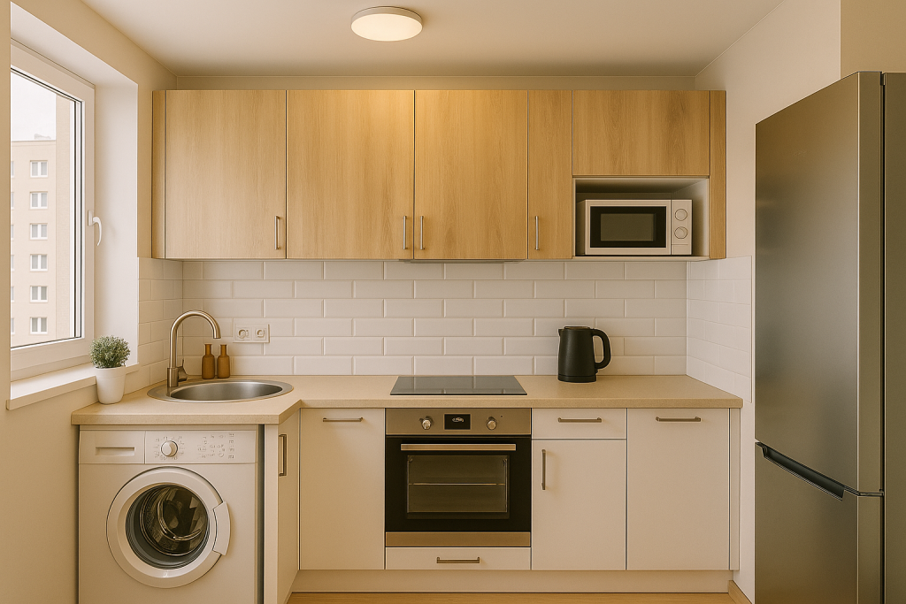 Petite cuisine moderne avec rangements intelligents, mobilier pliable, lumière naturelle et surfaces claires optimisant l’espace.