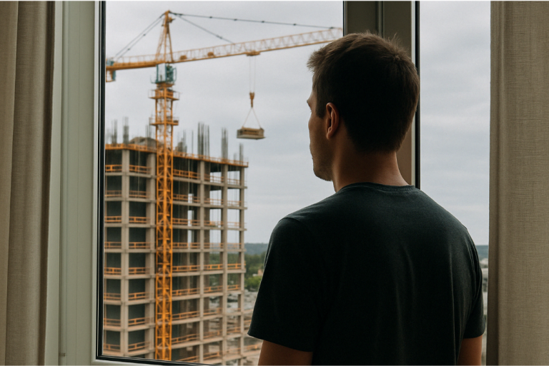 Un homme qui regarde un immeuble se construire juste devant sa maison