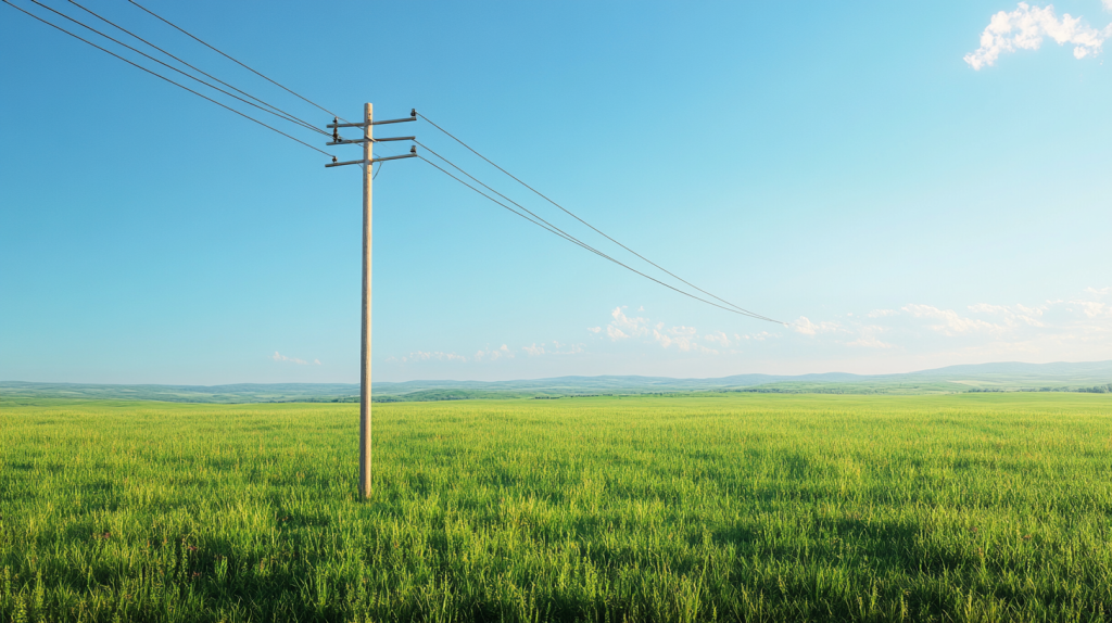 Photographie d'un poteau électrique planté sur un terrain privé, entouré d'herbe verte et de ciel dégagé, mettant en valeur la cohabitation entre propriété privée et infrastructure.