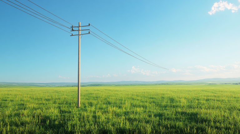 Photographie d'un poteau électrique planté sur un terrain privé, entouré d'herbe verte et de ciel dégagé, mettant en valeur la cohabitation entre propriété privée et infrastructure.