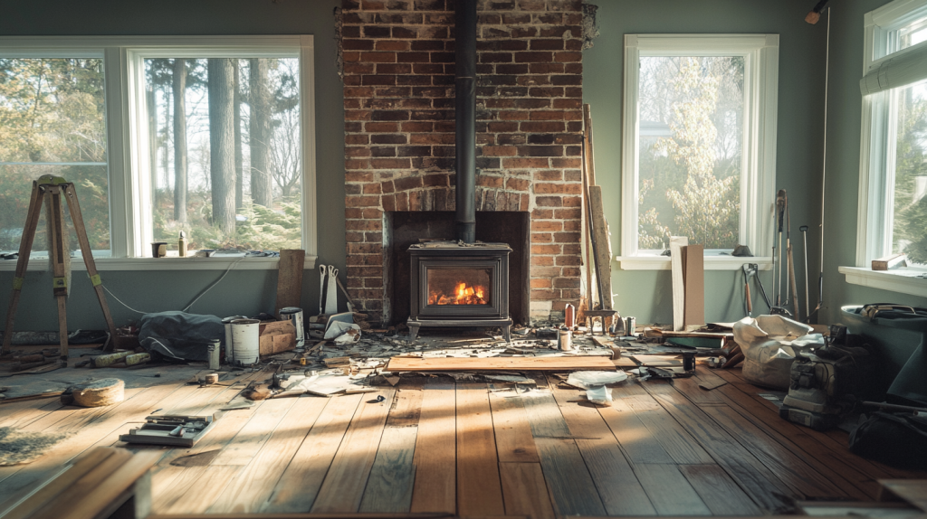 Installation d’un poêle à bois moderne à la place d’une ancienne cheminée en briques, avec outils de rénovation et intérieur chaleureux.