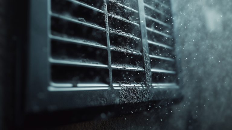 Gros plan sur une bouche de ventilation domestique couverte de poussière noire, illustrant les problèmes d'air vicié et d'entretien des systèmes VMC.