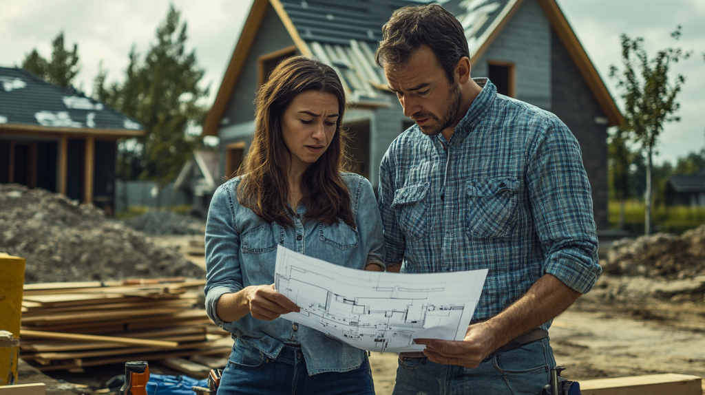 Un couple inquiet consulte des plans devant une maison en construction mal entretenue, avec des murs inachevés, des matériaux de mauvaise qualité et un chantier en désordre.