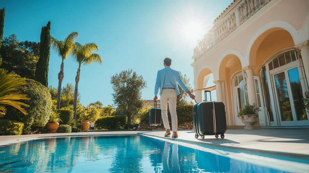 Concierge accueillant des vacanciers dans une villa de luxe avec vue mer à La Croix-Valmer, jardin méditerranéen et atmosphère élégante.