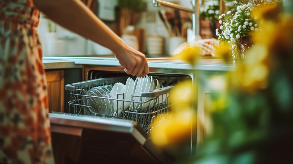 Cuisine moderne avec un lave-vaisselle encastré dans un meuble sur mesure, illustrant un agencement optimisé et fonctionnel.