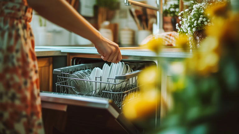 Cuisine moderne avec un lave-vaisselle encastré dans un meuble sur mesure, illustrant un agencement optimisé et fonctionnel.