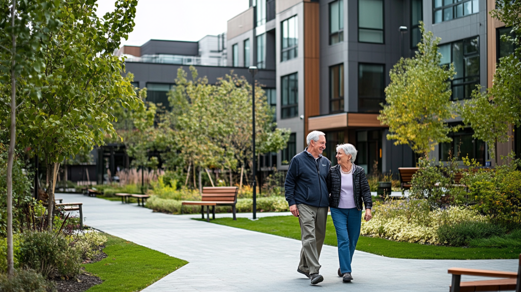 Couple de seniors se promenant paisiblement dans la cour d’une résidence moderne, entourés de verdure et d’un cadre accueillant.