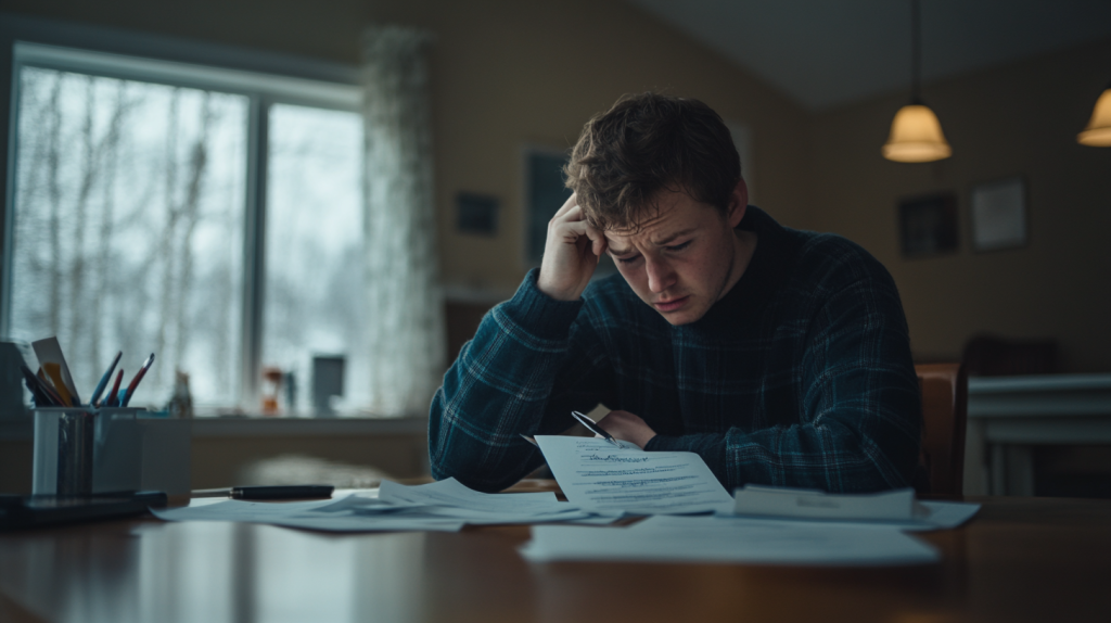 Personne préoccupée assise devant un compromis de vente signé, tenant un stylo avec des documents immobiliers visibles sur la table.