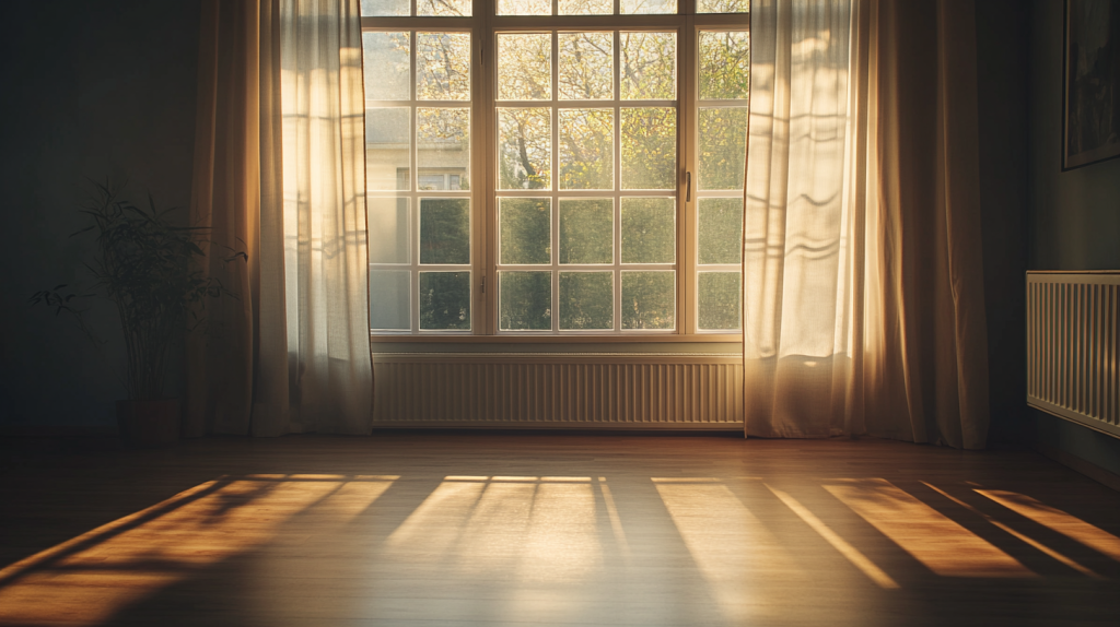 Intérieur d’un appartement moderne exposé au nord, baigné d’une lumière naturelle douce avec un décor scandinave minimaliste et un parquet en bois clair.