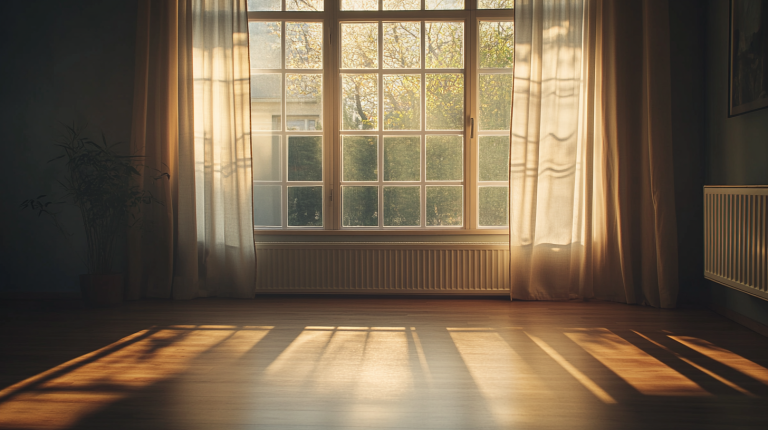 Intérieur d’un appartement moderne exposé au nord, baigné d’une lumière naturelle douce avec un décor scandinave minimaliste et un parquet en bois clair.