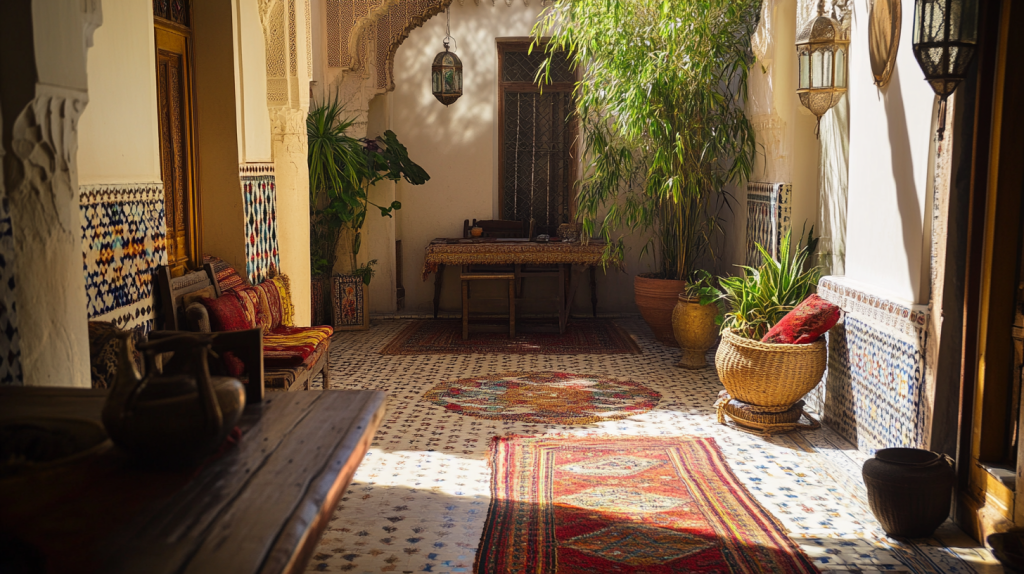 Intérieur d’une maison marocaine avec des éléments artisanaux tels que des carreaux de zellige, des murs en tadelakt, des meubles en bois sculpté et des lanternes en laiton.
