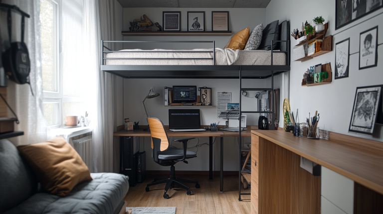 Petite chambre de 10 m² intelligemment aménagée avec un lit en hauteur, un bureau intégré, des étagères murales et une déco lumineuse.