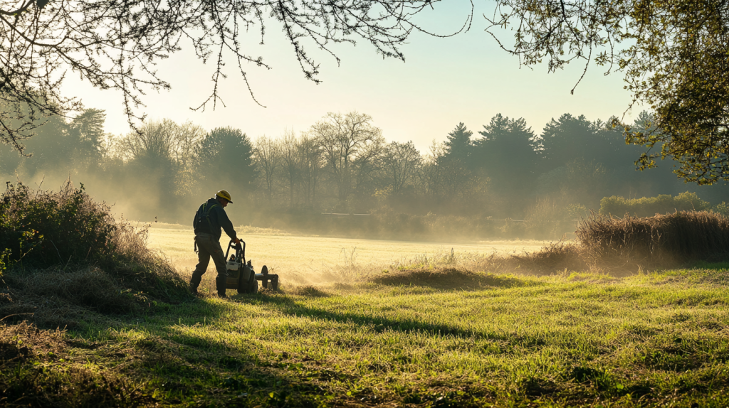 Un homme débroussaille un terrain envahi de végétation avec un outil motorisé, par une journée ensoleillée à la campagne.