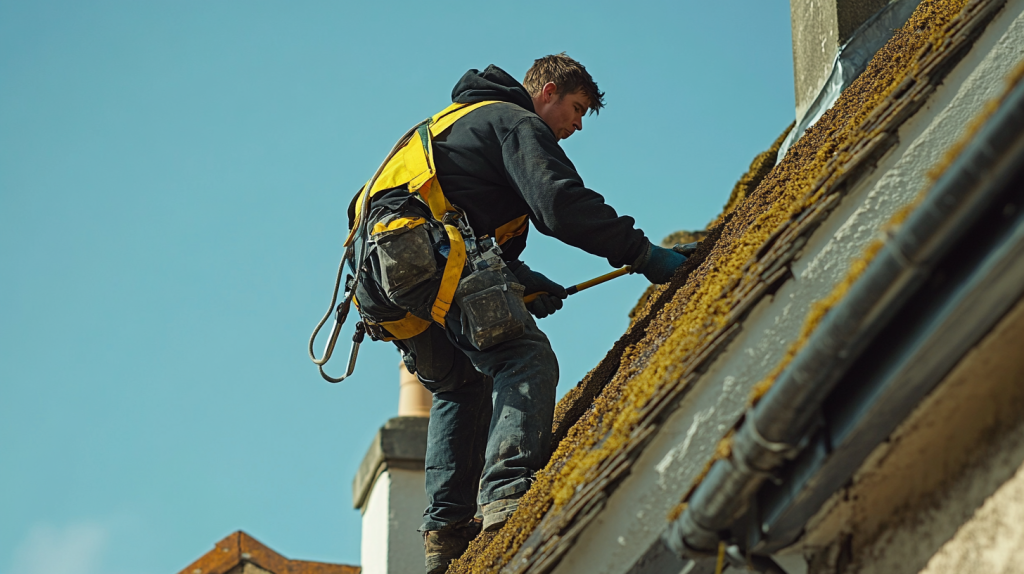 Un homme équipé d’un harnais de sécurité entretient une toiture en tuiles en nettoyant la mousse et en inspectant l’état général sous un ciel dégagé.