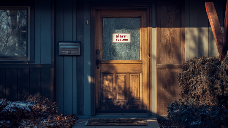 Autocollant d’alarme collé sur une fenêtre près de la porte d’entrée d’une maison moderne en plein jour, dans un quartier résidentiel paisible.