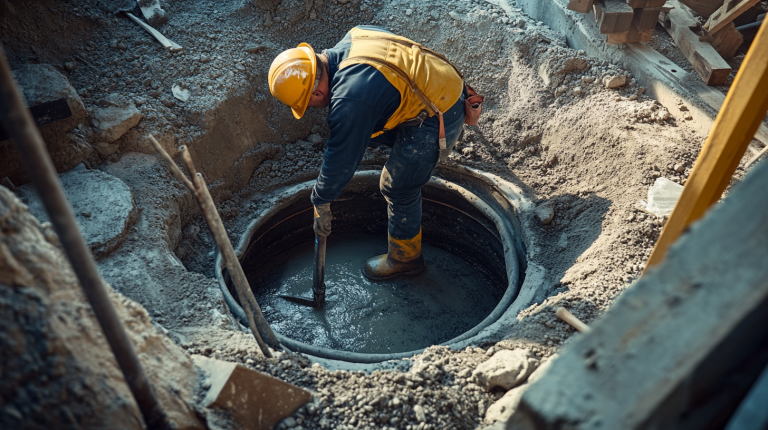Un ouvrier en combinaison sécuritaire condamne une ancienne fosse septique sous une maison à l’aide de ciment et de gravier, dans un chantier propre et encadré.