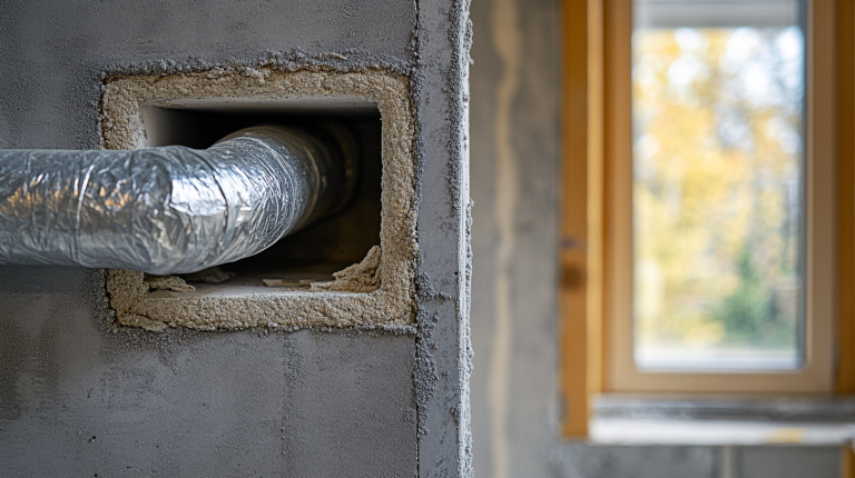 Gros plan d’un conduit de VMC intégré dans l’isolant d’un mur, avec coupe transversale montrant la ventilation, les couches de matériaux et l’installation.
