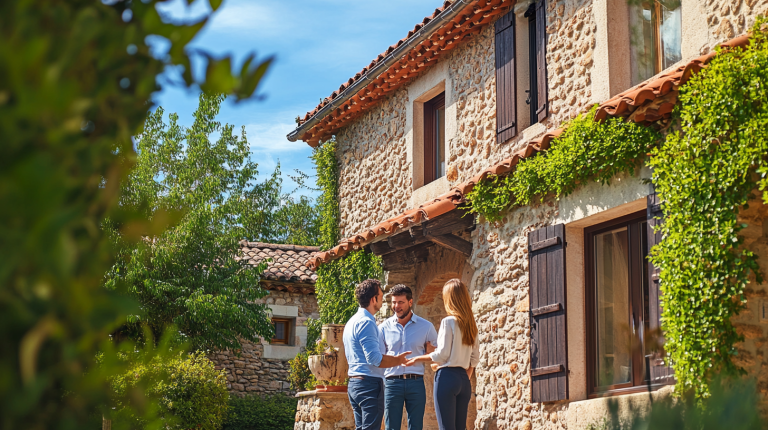 Un couple échange avec un agent immobilier devant une maison en pierre typique d’un village français, sous un ciel bleu estival.