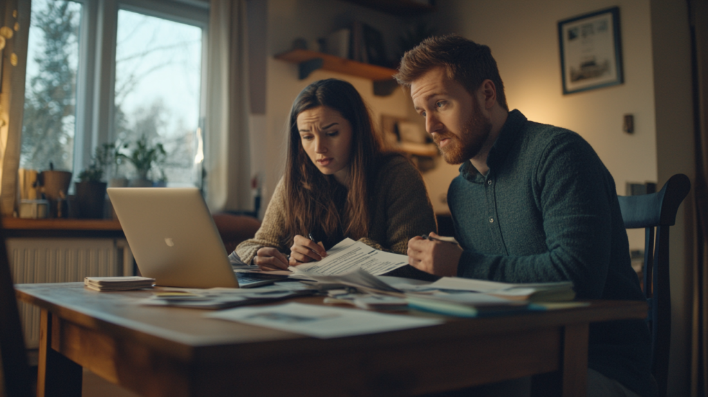Un couple de jeunes professionnels consulte des documents immobiliers et des annonces en ligne, visiblement soucieux, dans un appartement modeste et lumineux.
