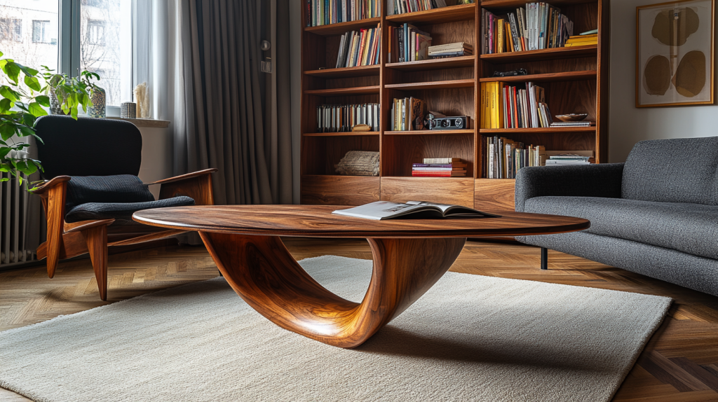 Salon moderne avec mobilier en bois sur-mesure, comprenant une bibliothèque et une table artisanale, dans un décor scandinave lumineux et épuré.