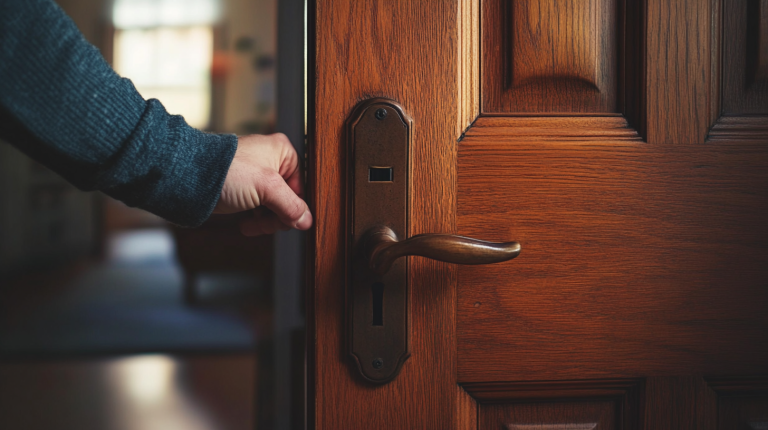 Personne claquant une porte d’entrée en bois, avec gros plan sur la poignée et l’encadrement, dans une maison chaleureuse.