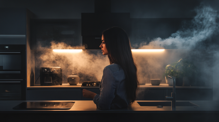 Une femme inquiète se tient dans une cuisine moderne légèrement enfumée, observant autour d’elle avec perplexité, suggérant une odeur de brûlé sans source visible.