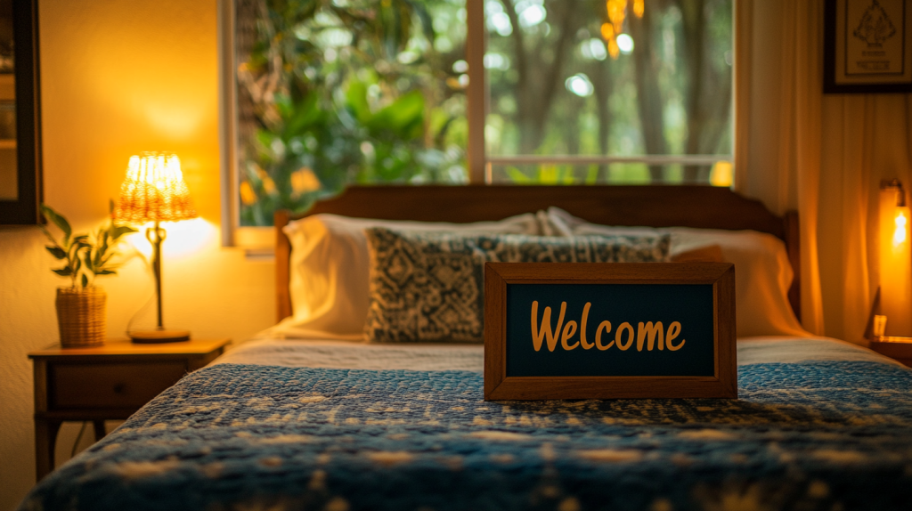 Intérieur chaleureux d’une résidence secondaire prête à accueillir des voyageurs Airbnb, avec lit impeccablement fait et décoration soignée.