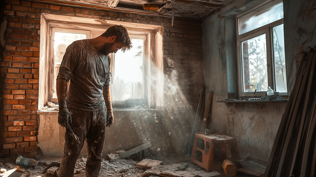 Un homme couvert de poussière semble découragé au milieu d’une maison en rénovation avec des murs à nu, des outils éparpillés et des erreurs visibles de bricolage.
