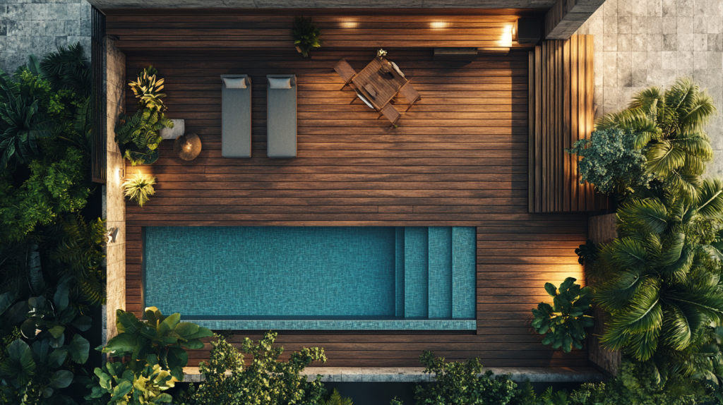 Terrasse en bois sur un toit avec piscine intégrée, mobilier moderne, matériaux naturels comme le teck et pierres, ambiance chaleureuse en fin de journée.