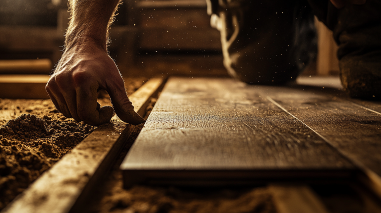 Pose d’un plancher en bois sur un sol en terre battue dans une pièce rustique, avec outils et gestes précis pour une installation soignée.