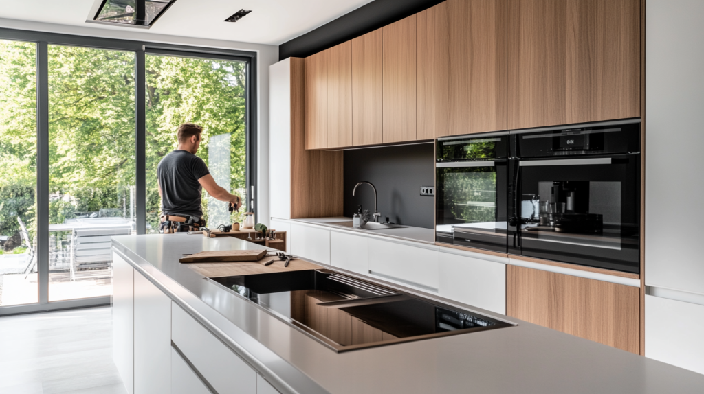 Installation légale d’une cuisine moderne avec placards en bois clair et finitions blanches, par un professionnel équipé, dans une pièce lumineuse.