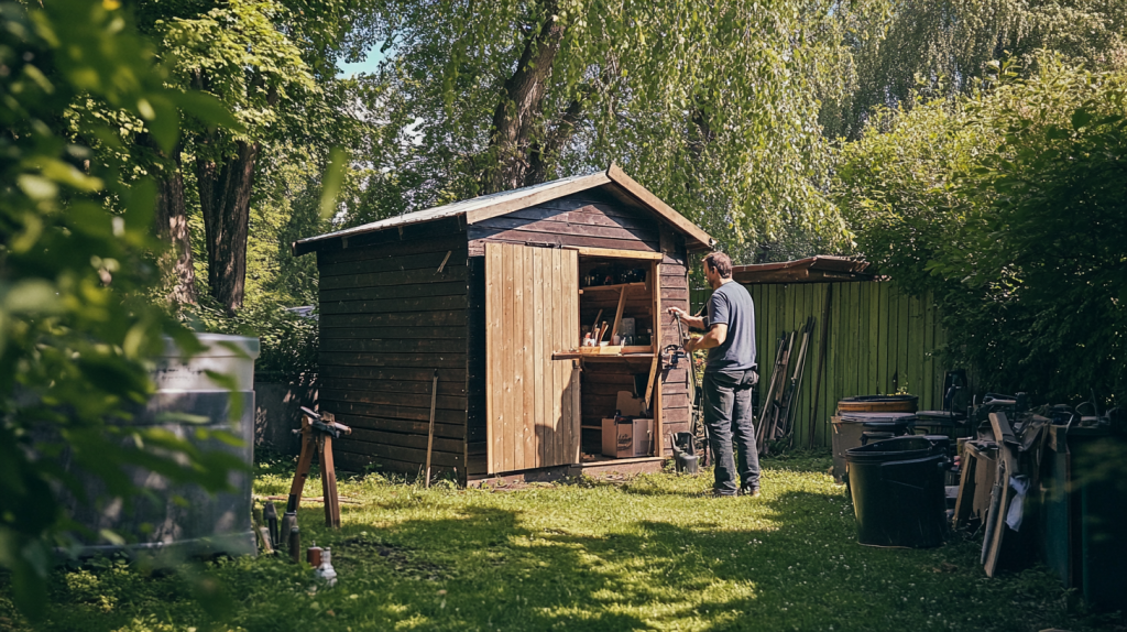 Un homme installe un nouvel abri de jardin moderne à la place d’un ancien, entouré d’outils dans un jardin verdoyant par une journée ensoleillée.