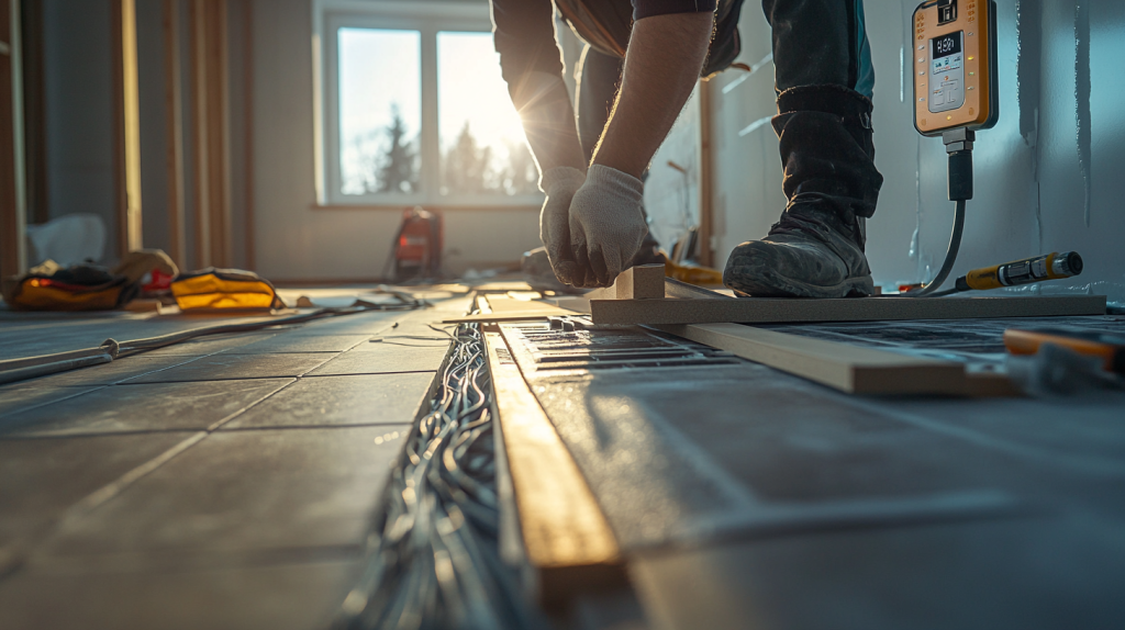 Pose d’un nouveau revêtement sur un carrelage avec chauffage au sol, avec outils de bricolage et thermostat visible dans une pièce moderne.