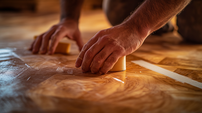 Gros plan sur des mains posant du scotch sur une sous-couche avant l’installation d’un parquet, dans une pièce en cours de rénovation.