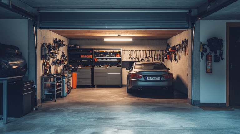Sous-sol aménagé en garage moderne avec voiture stationnée, outils bien rangés au mur et éclairage optimal.