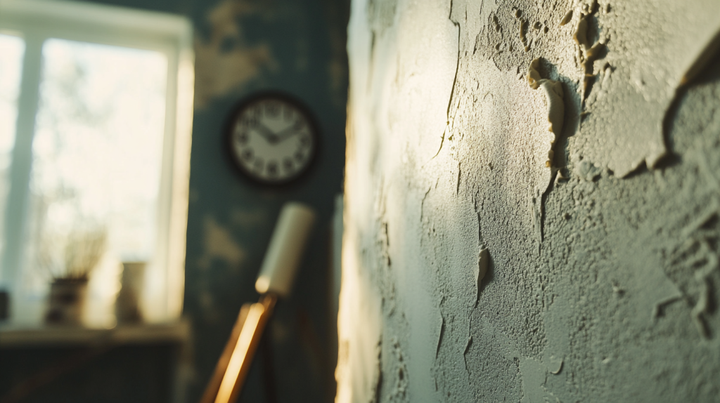 Mur intérieur fraîchement enduit dans une pièce lumineuse, montrant une surface lisse prête à être peinte, avec des outils de peinture en arrière-plan.