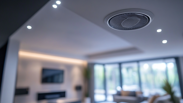 Système de VMC au plafond dans une maison moderne, suggérant un bruit gênant de type hélicoptère, avec un habitant montrant une expression d’inconfort.