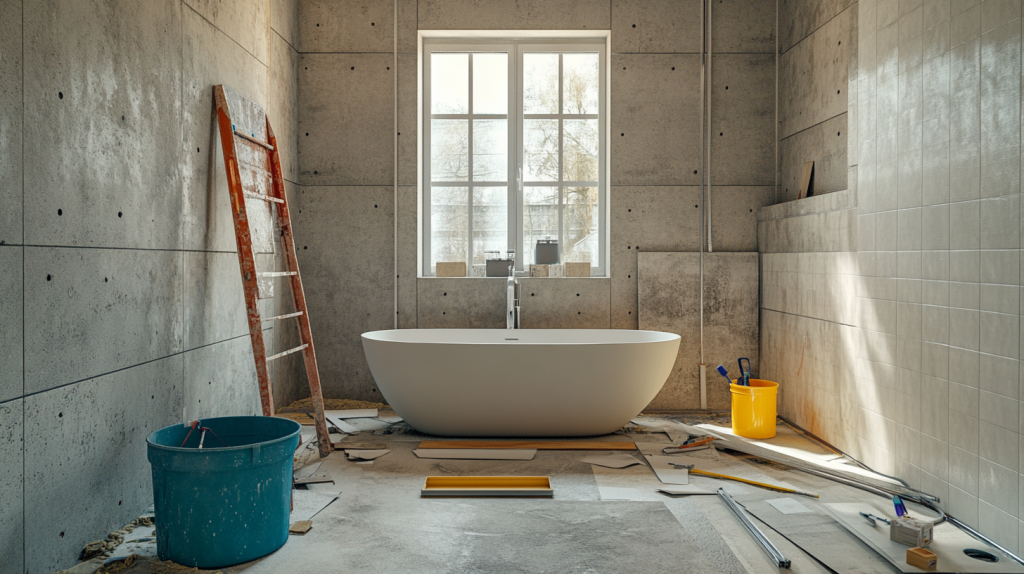 Une salle de bain en cours de rénovation, avec un artisan posant des carreaux, outils et matériaux visibles sur le sol.